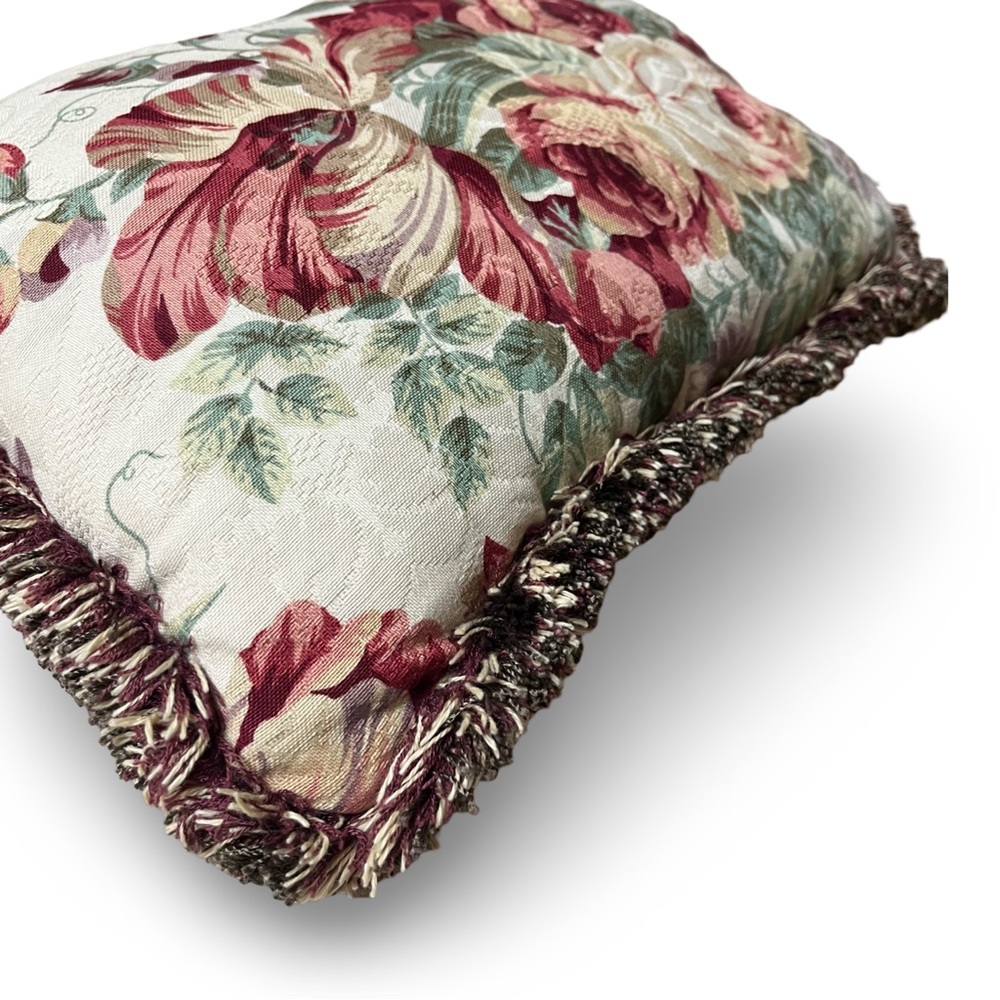 Vintage Floral Lumbar Throw Pillow with Fringe and Damask Backside - Picture 2 of 3